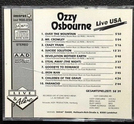 Ozzy Osbourne – Live USA (CD, Unofficial, Imtrat imt 900.024) - Maple City Music