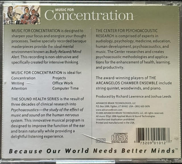The Arcangelos Chamber Ensemble – Music For Concentration (CD, 1999, Advanced Brain Technologies 673209010127)
