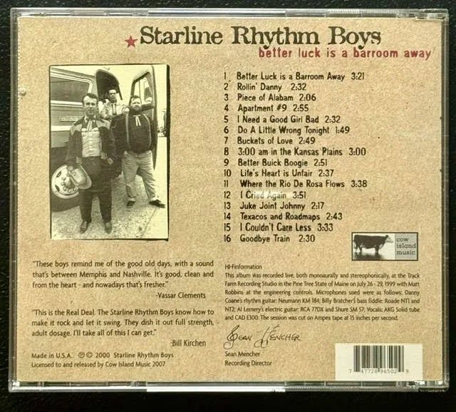 Starline Rhythm Boys – Better Luck Is A Barroom Away (CD, 2000, Cow Island Music CIM003) - Maple City Music