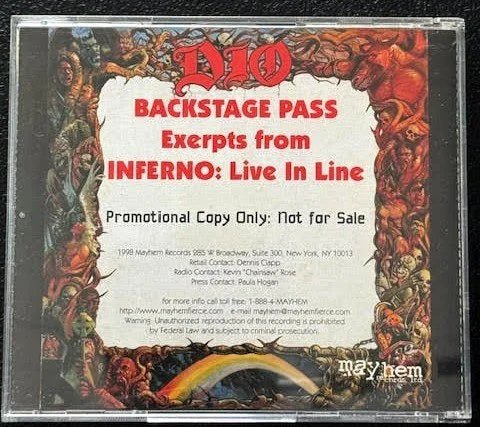Dio – Backstage Pass (CD, Compilation, Promo, Sampler, 1998, Mayhem Records Ltd. PRO-155) - Maple City Music