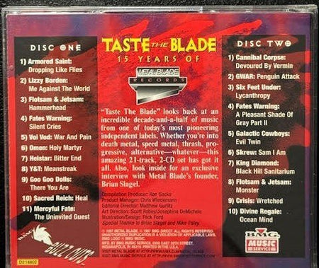 Various – Taste The Blade - 15 Years Of Metal Blade Records (2xCD, Compilation, Club Edition, 1997, Metal Blade Records D218802) - Maple City Music