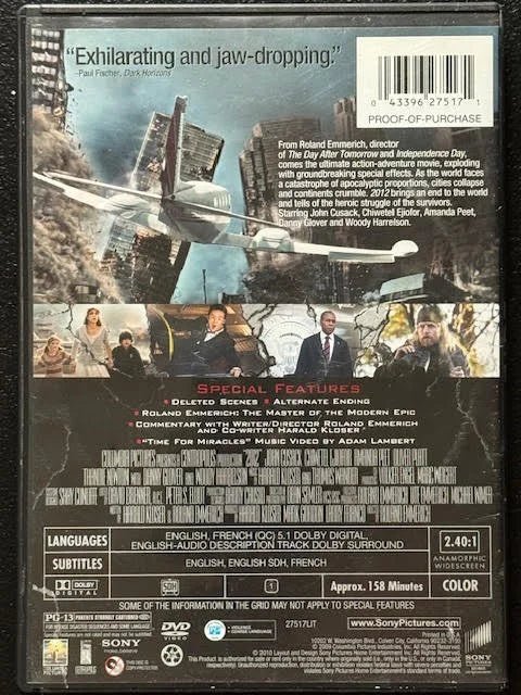2012 (DVD, 2009, Sony Pictures Home Entertainment) - Maple City Music