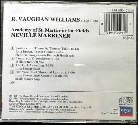 R. Vaughan Williams – Fantasia On A Theme By Thomas Tallis / Fantasia On Greensleeves / The Lark Ascending / Five Variants Of “Dives And Lazarus” (CD, 1985, Argo 414 595-2) - Maple City Music