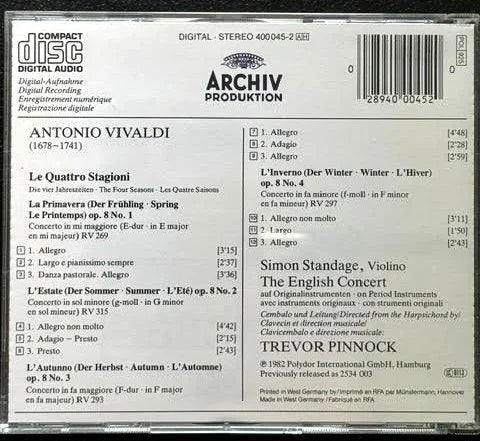 Antonio Vivaldi – Le Quattro Stagioni (CD, 1982, Archiv Produktion 400 045-2) - Maple City Music