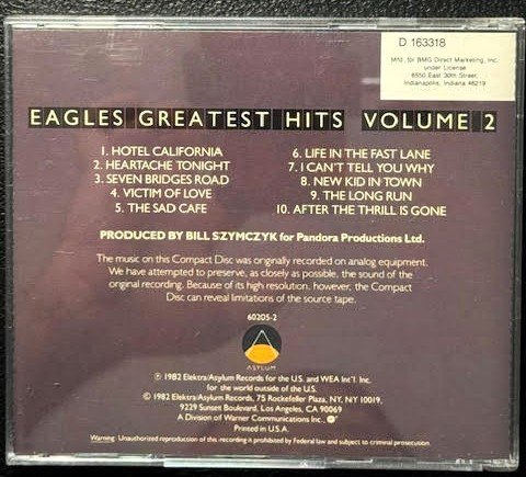 Eagles – Eagles Greatest Hits Volume 2 (CD, Compilation, Club Edition, BMG, SRC, SID Code, Asylum Records 9 60205-2) - Maple City Music