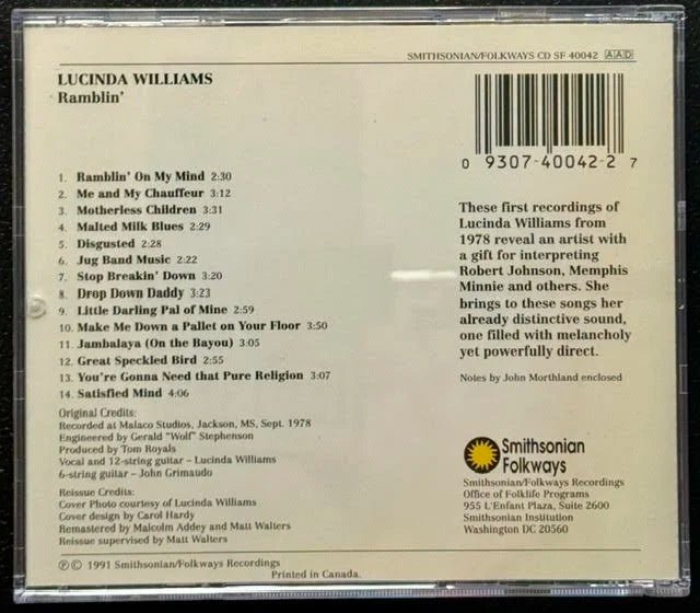 Lucinda Williams – Ramblin' (CD, Reissue, Remastered, Smithsonian Folkways CD SF 40042) - Maple City Music