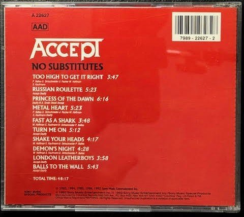 Accept – No Substitutes (CD, Compilation, 1992, Sony Music Special Products A 22627) - Maple City Music