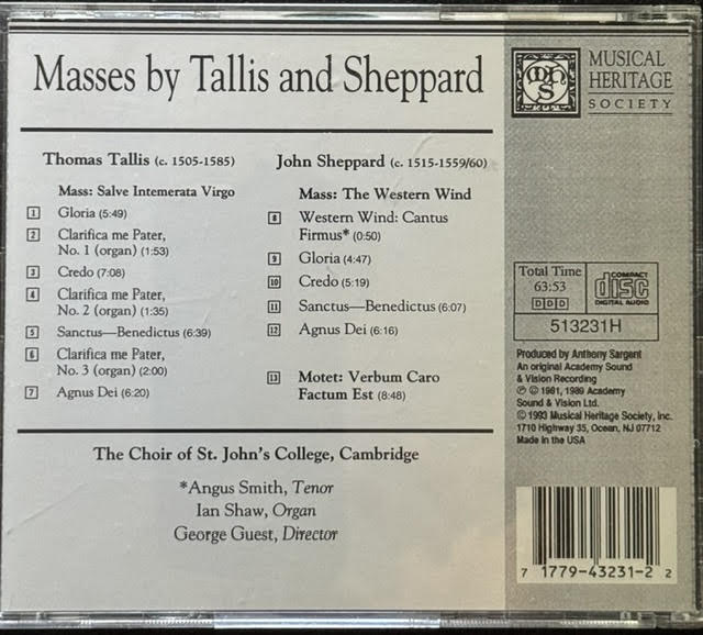 Thomas Tallis / John Sheppard – Masses By Tallis & Sheppard (CD, 1993, Musical Heritage Society 513231H)